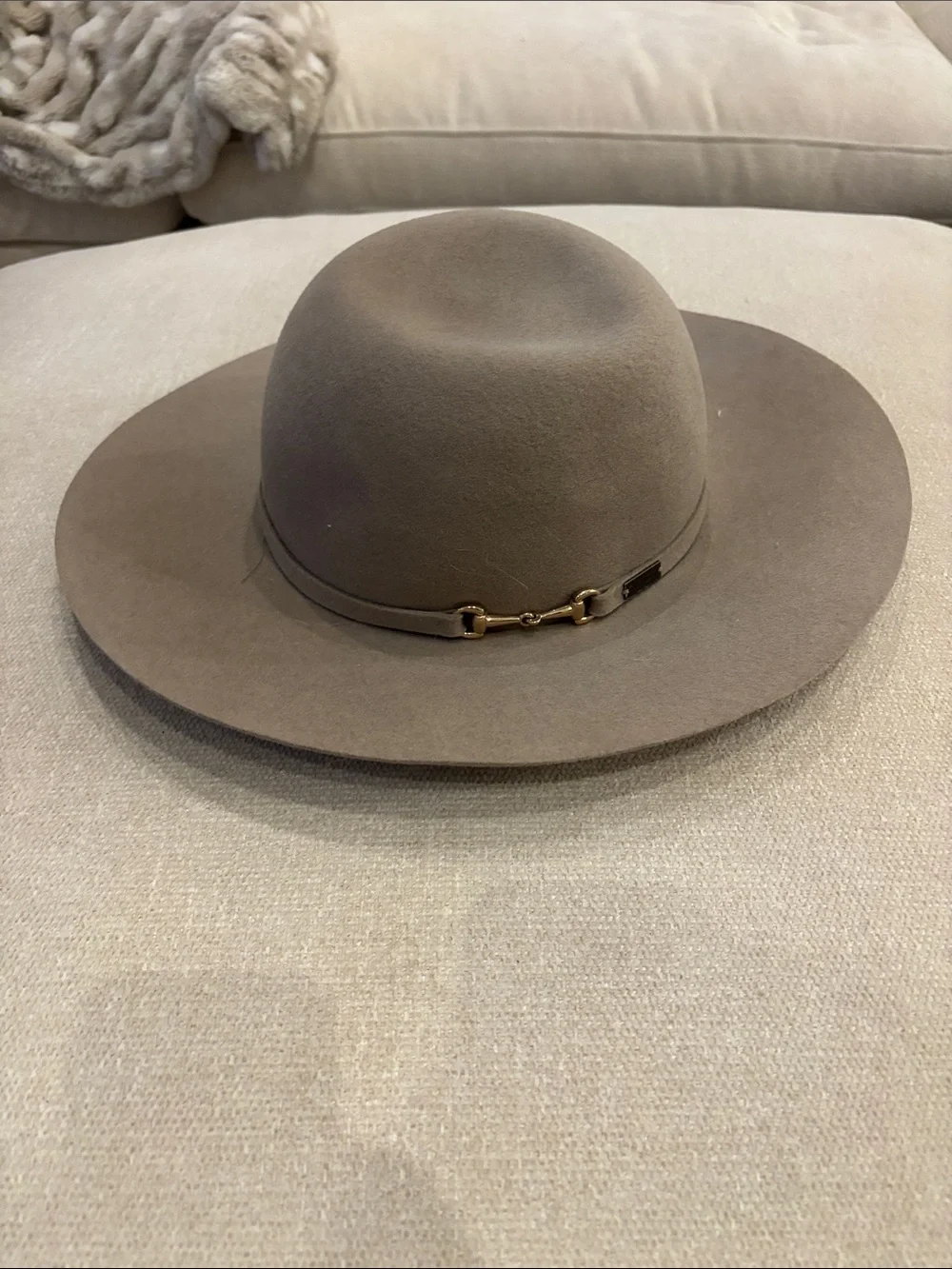 Anthropologie Betmar Wide-Brim Wool Felt Hat in Taupe with Gold Bit